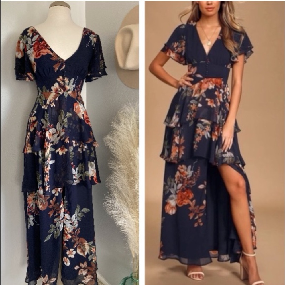 Lulus Midnight Mood Navy Blue Floral Print Ruffle Tiered Maxi Dress